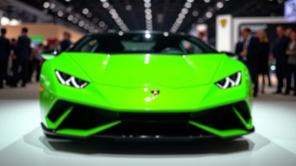 Žalias Lamborghini Revuelto, priekinis kampas, agresyvus aerodinaminis dizainas
