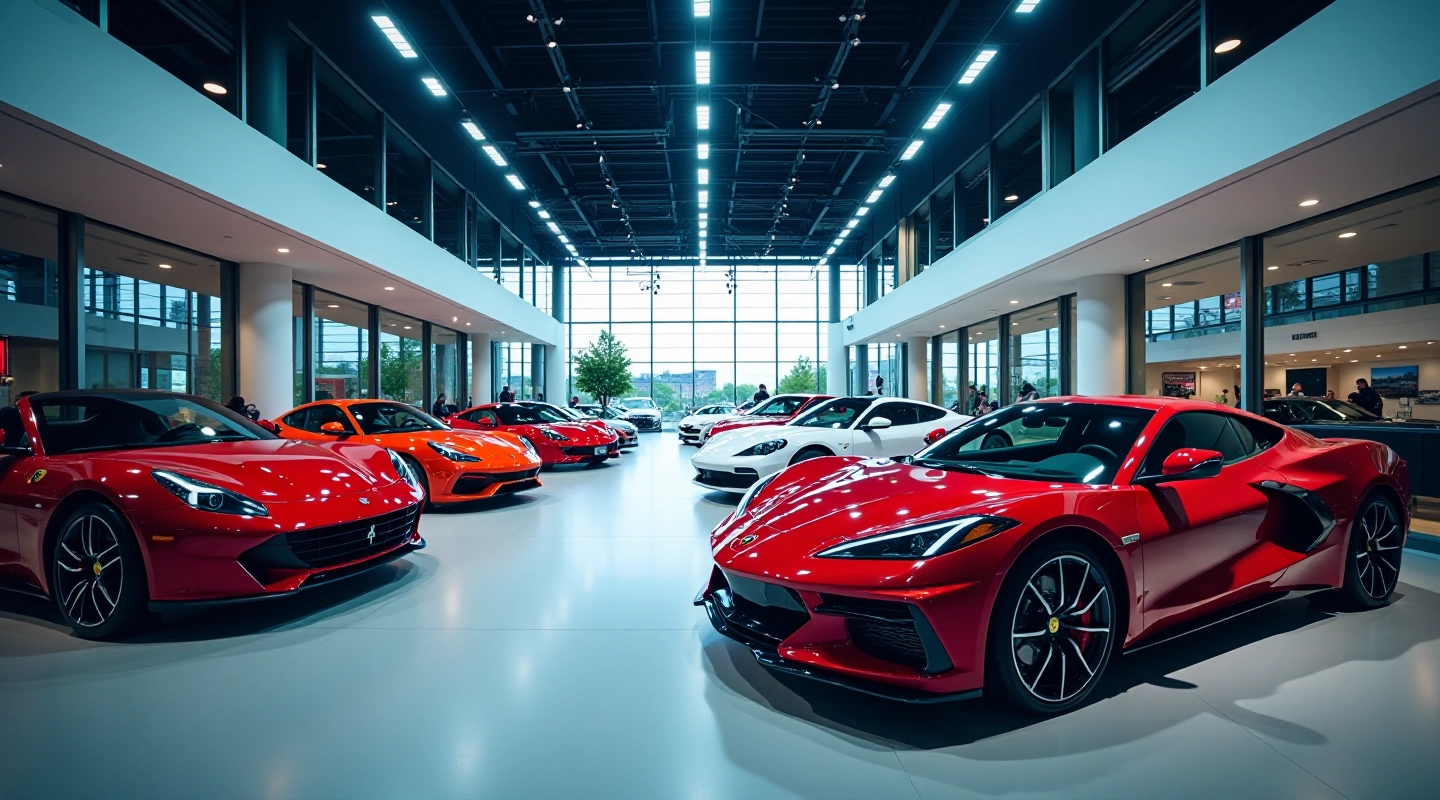 Šiuolaikinis automobilių parodų lankymas su išstilizuotais automobiliais ir moderniu interjeru