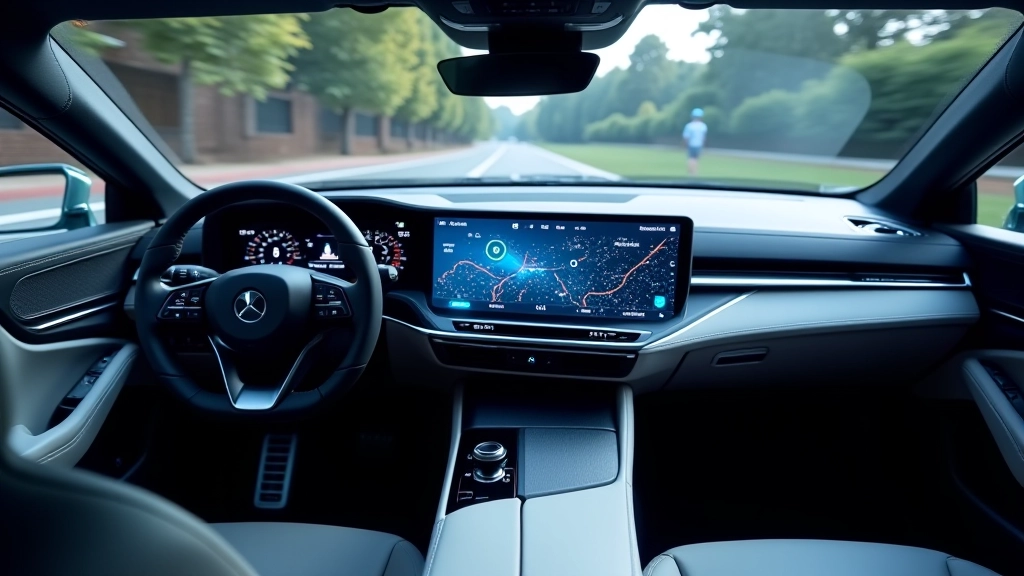 Automobilio prietaisų skydelis su integruotu ekranu, besitęsiančiu per visą kabiną, šiuolaikine sąsaja